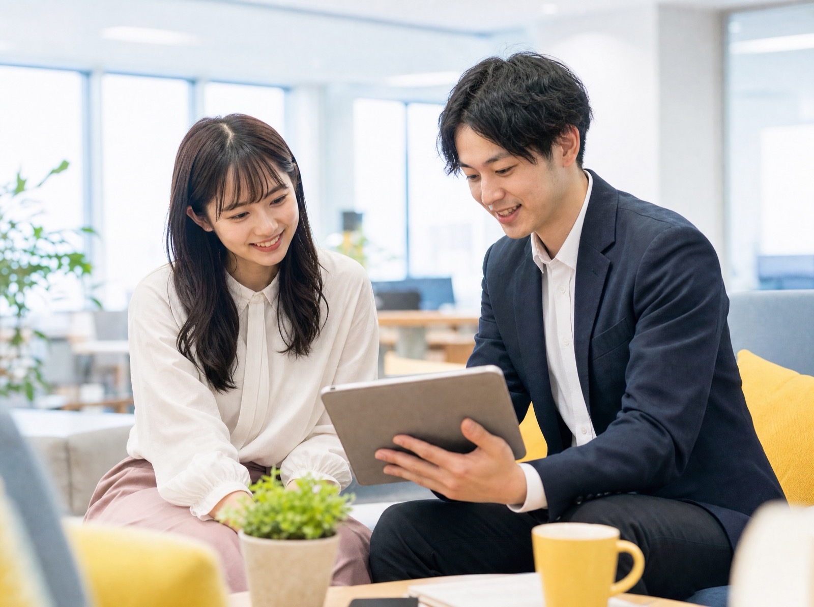 担当者と笑顔で相談する求職者